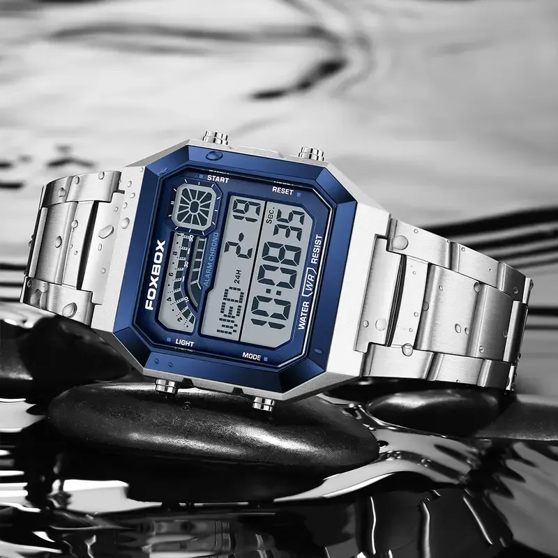 FOXBOX men's digital watch—perfect for students and adult men. Features an alloy case and strap, waterproof design, backlight, and displays time, date, and weekday