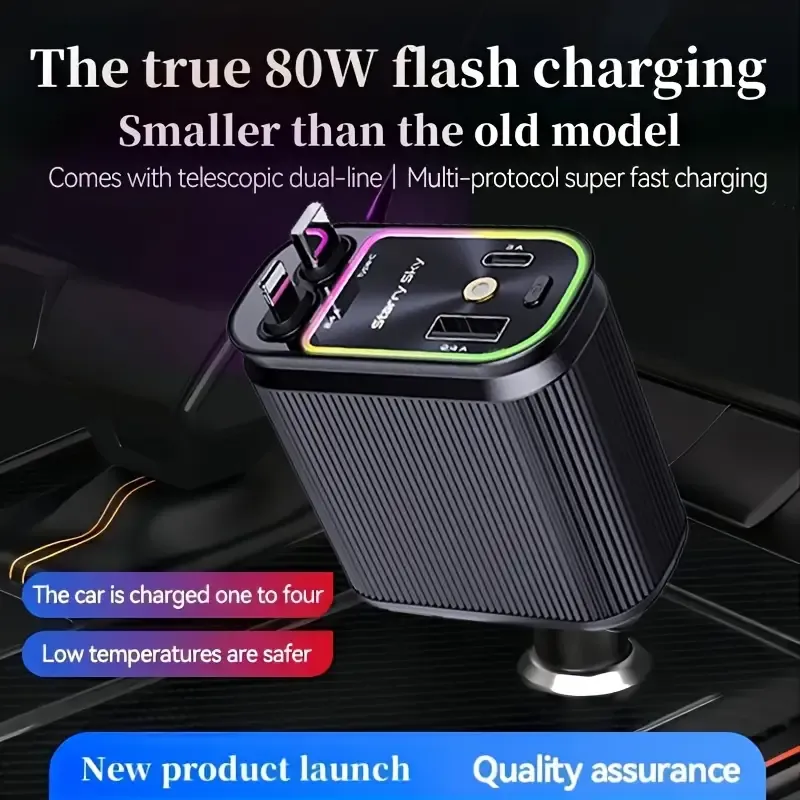 C9  120W Fast-Charging Car Charger with Built-in Retractable Cable