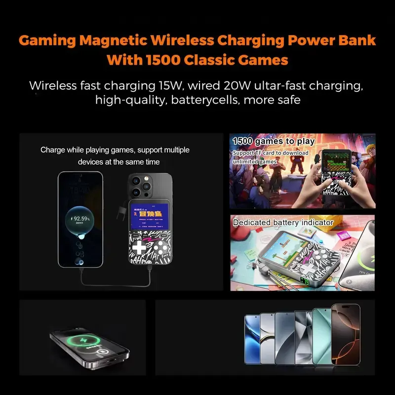 V99  MIRO 3-in-1 Magnetic Wireless Charger + Power Bank + Retro Game Console – 1500+ Classic Games, 15W MagSafe Compact for Phones – Perfect for Travel, Home, Office, Gaming Fun & Entertainment – Great Gift for Birthdays, Holidays & Special Moments