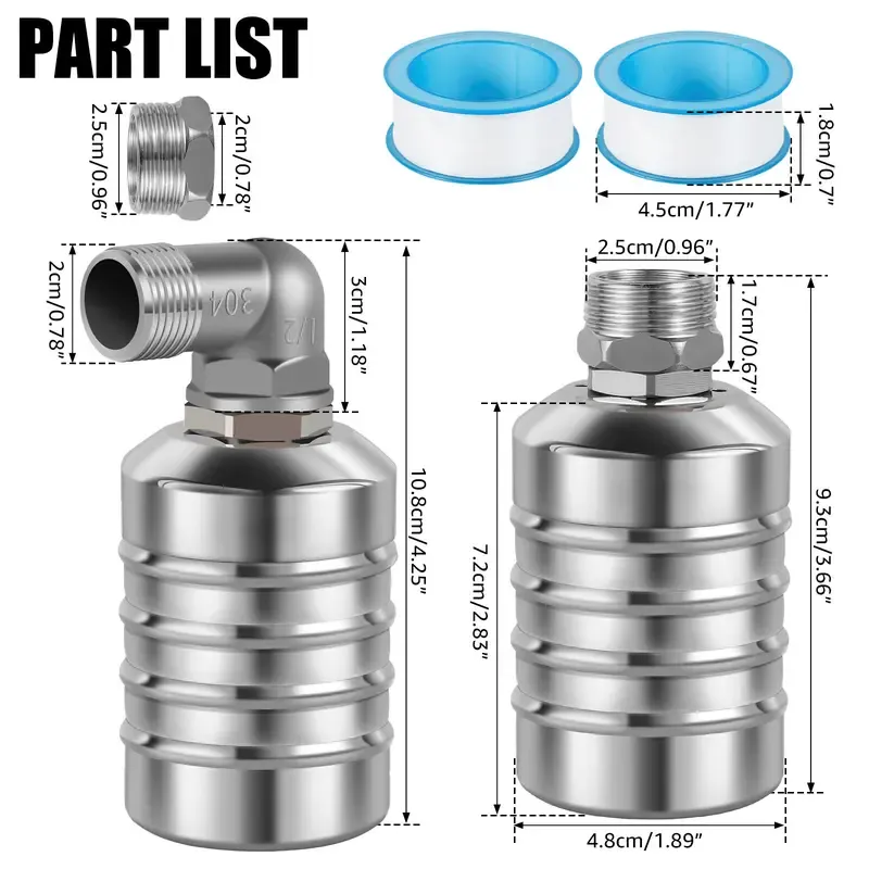 PoDhey 2 Counts Water Level Control Float Valve 304 Stainless Steel Fully Automatic Mini Floating Ball Valve Auto Shut Off Water Tank Safe Water Level Controller Valve Upper,Side Water Intake（Hose not included）