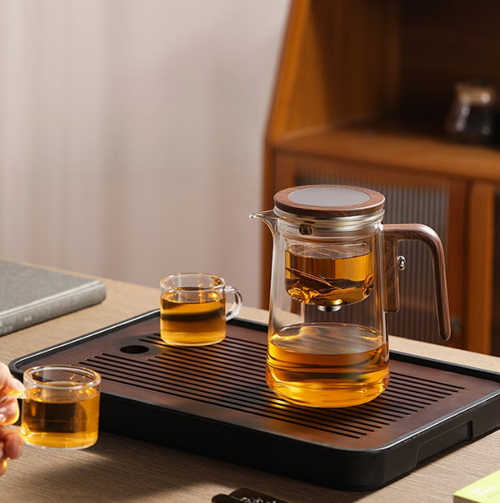 Creative Glass Magic Teapot, 800Ml 27.05Oz Wood Grain Handle Magnetic One-Button Brewing Heat-Resistant Tea Separator Cup Coffee Cup Witchcraft Teapot