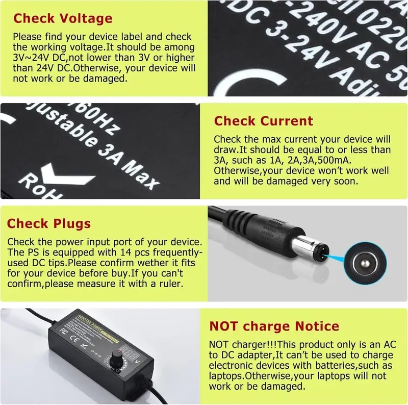 SnapFixMate Universal Power Supply, Plug Converter, Adjustable from 3.5 to 24V at 2A, AC to DC Adapter, US Power Plug, Featuring an LCD Screen And Digital Display, Includes Reverse Polarity Wiring And 14 Connectors