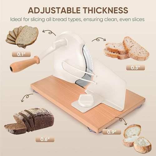 SOWKIPE Manual Bread Slicer with Hand Crank, Classic Home Bread Slicer for Homemade Sourdough, Rotary Slicer with Adjustable Thickness, Premium Stainless Steel & Powerful Suction Cups (White)