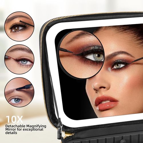 Makeup Bag with Mirror and Lights 3 Color, Travel Make up Bag Portable Lighted Makeup Case Organizer, Cosmetic Storage Case with 2-Layers Adjustable Dividers & 10X Magnifying Mirror(Black)