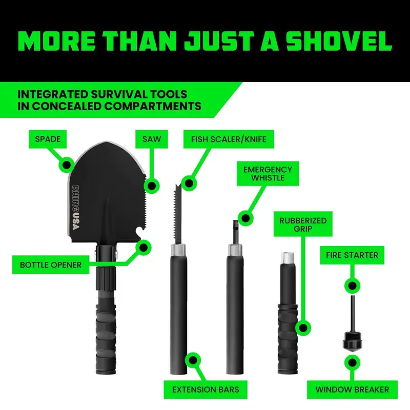 Rhino USA Survival Shovel w Pick Heavy Duty Carbon Steel Military Style Entrenching Tool for Offroad, Camping, Digging Dirt, Sand, Mud & Snow