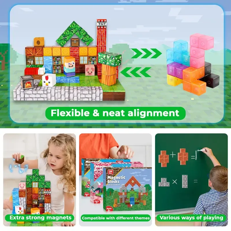 Magnetic Blocks-100PCS Magnetic Building Blocks Magnetic Tiles Stacking, Build Mine Magnet World Set, STEM Montessori Sensory Toys magnet blocks Cubes Creativity Outdoorfun minecraft magnetic blocks