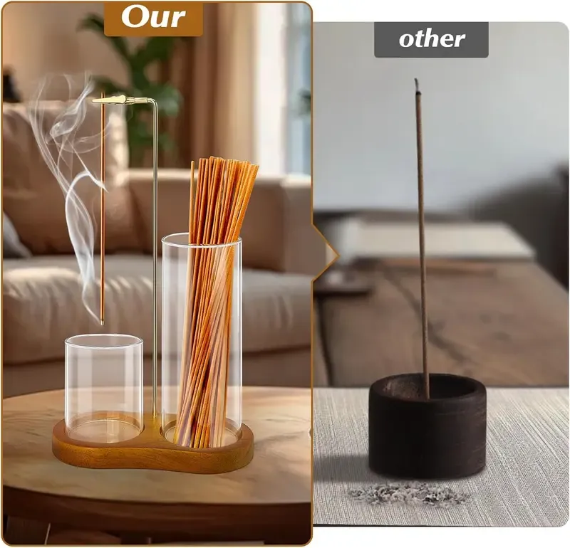 2 in 1 Incense & Candle Holder, 1 Count Wooden Base Aromatherapy Diffuser Incense Burner with Removable Glass Ash Collector, Woody Home Decor Ornament for Living Room Bedroom, Funny Gift, Scented, Aroma, Fragrance Perfume