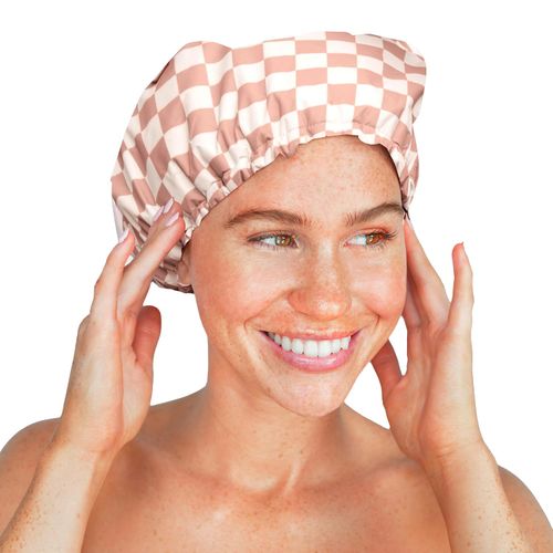 Kitsch Luxury Satin-Lined Flexi Shower Caps for Women Reusable Waterproof - Large Wide Shower Cap for Women & Men, Adjustable, Stylish Hair Cap for Showers, For Long & Short Hair - Terracotta Checker