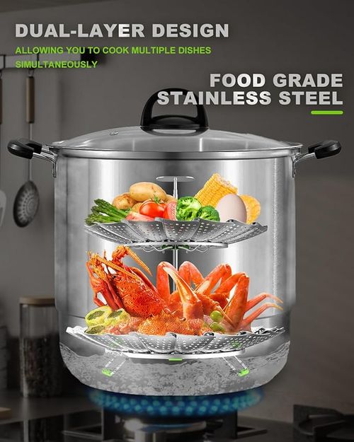 2 Layer Steamer Basket for Cooking - Large Capacity 2-in-1 Stainless Steel Vegetable Steamers,Expandable 5.4-11 Inches Adjustable Steamer Insert for Pots,Instant Pot,Dual Layer Steamers for Baby Food,Seafood,Dumplings ​