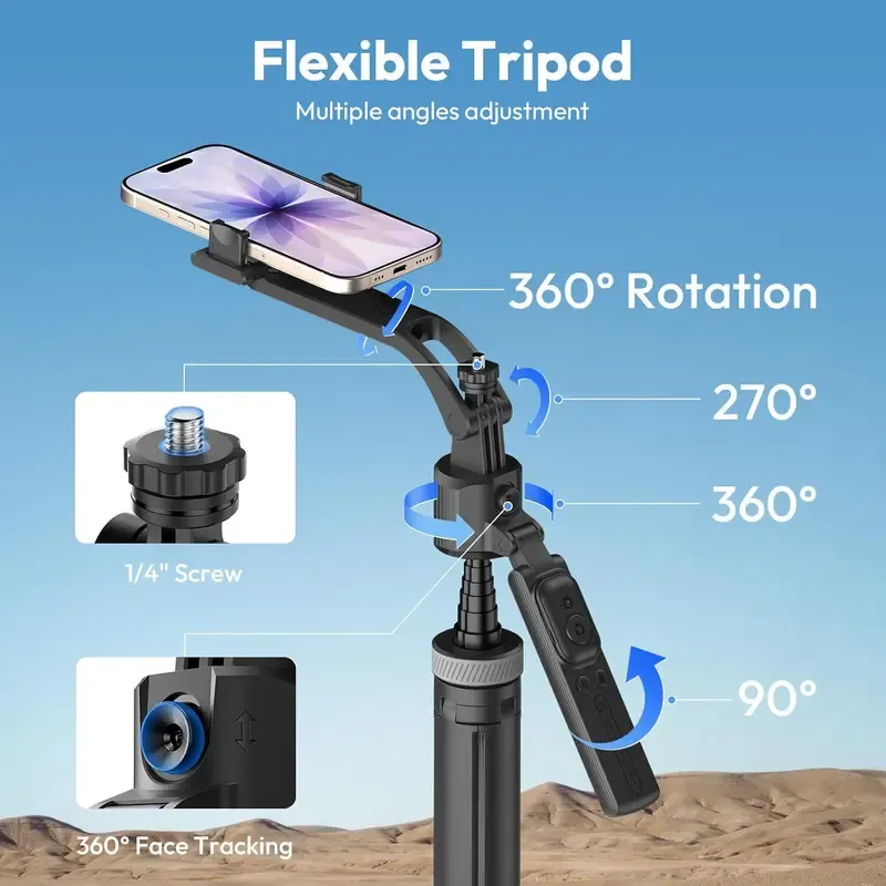 Auto Face Tracking Tripod (with Remote Control)   Compatible with iPhone Android, 360° Rotating Selfie Stick, Smart Motion Tracking, Face Recognition Mount