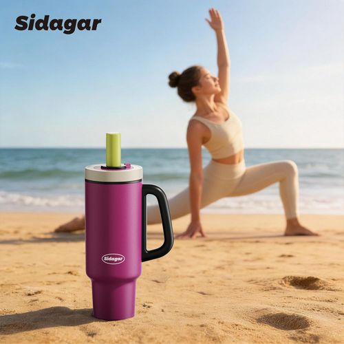 Tumbler with Handle,36 oz Ceramic Lined Travel Mug Water Bottle with Straw,Vacuum Insulated Stainless Steel Cup with Lid,Fits Cup Holder, Leak Resistant Press-in Lid, Purple