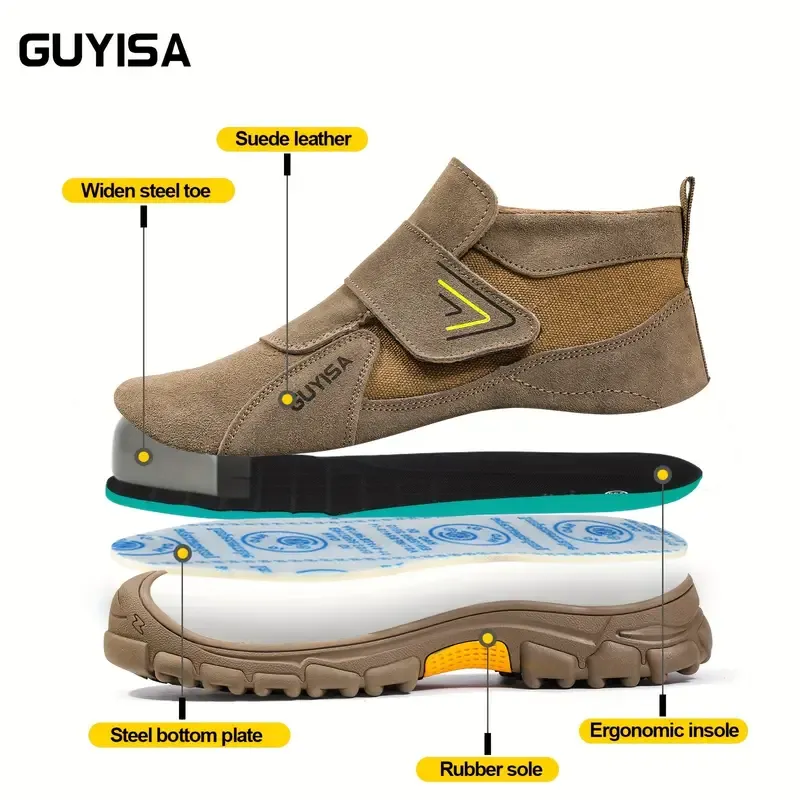 Safety shoes, labor protection shoes, impact-resistant, puncture-resistant, spark-resistant, steel-lined, rubber-soled, round-toed, mid-tube, Velcro, flat-bottomed, welder construction site, four seasons brown