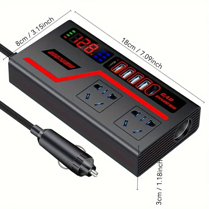 200W Car Inverter  DC12V 24V to 220V Power Converter with LED Display and 4 USB Fast Charging Ports