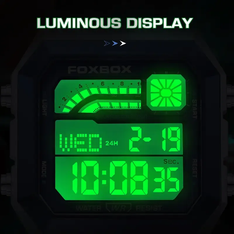 FOXBOX men's digital watch—perfect for students and adult men. Features an alloy case and strap, waterproof design, backlight, and displays time, date, and weekday