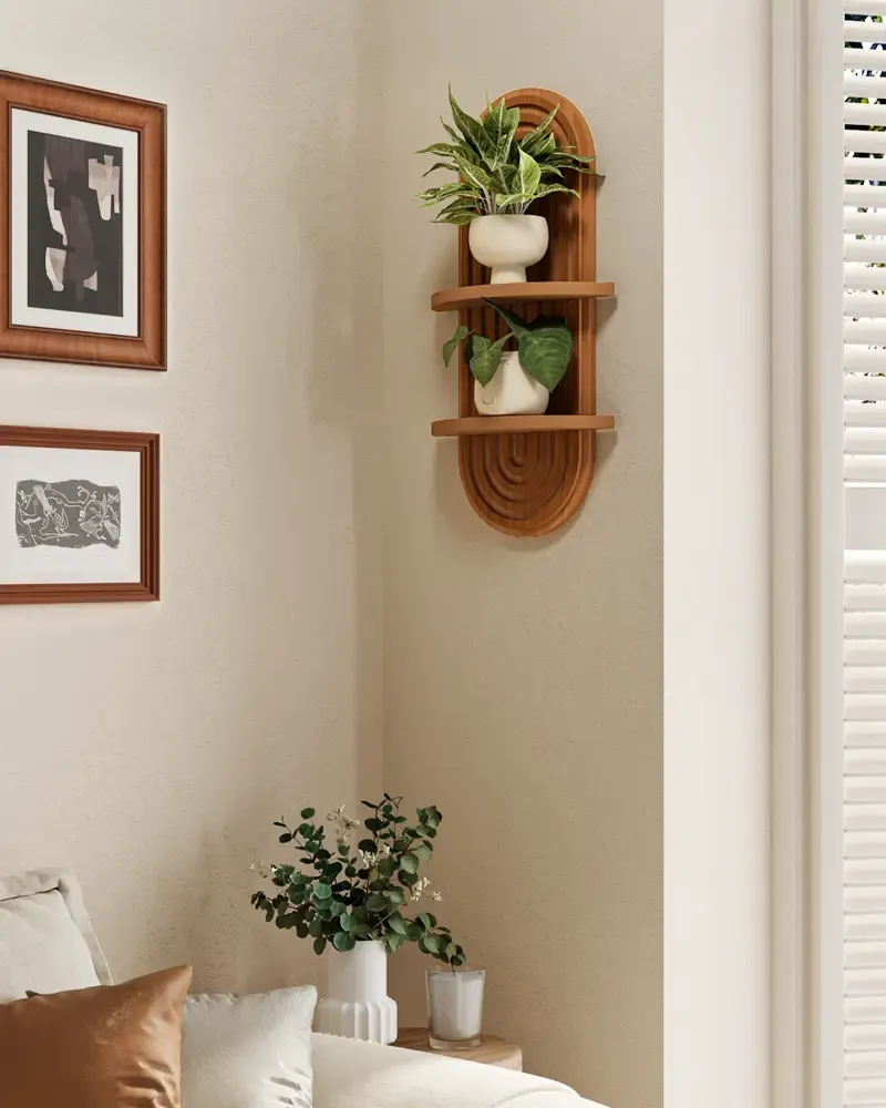 Bamworld Boho Wall Decor Brown Plant Wall Shelf, Mid Century Modern Decor Hanging Plant Shelf, 2-Tier Wooden Floating Shelves Shelving Unit for Home, Living Room, Office Holding Planter Decoration Wall decorations , Birthday gifts Bamboo Decorative