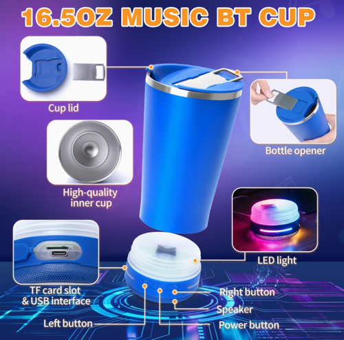 Music Vacuum Cup Cup With Bt Speaker, Music Vacuum Cup Cup Stainless Steel Bt Speaker Bottle, Double-Wall Insulated Travel Tumbler For Hot  Cold Drinks