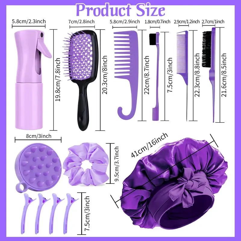 Purple 6-in-1 Hair Brush Set with Detangler & Combs for Straight Curly All Hair Types Wet Dry Adults Children 13 Counts Hair Care Kit