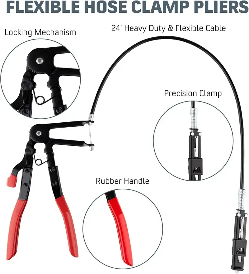 Hose Clamp Pliers, Long Reach Hose Clamp Tool Remover for Water Hose and Automotive Coolant Radiator Heater with Flexible Wire Long Reach Hose Clamp and Flat Band Pliers