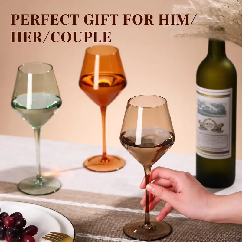 Hand Blown Colored Wine Glasses, 16oz Long Stemmed Crystal Wine Glasses | Set of 6 | Drinkware