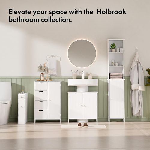 VonHaus Slim Bathroom Storage Unit - White Slimline Bathroom Cabinet - Narrow & Compact Bath Organiser with Drawer & Slide Out Shelving - Freestanding Shaker Style Storage - Holbrook