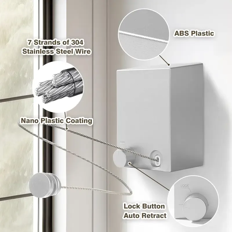 Stainless Steel Retractable Clothesline, Invisible Wall-Mounted Clothesline for Storage and Sun-Drying, Adjustable Heavy-Duty Balcony Drying Rack for Home and Hotel, Summer Gift