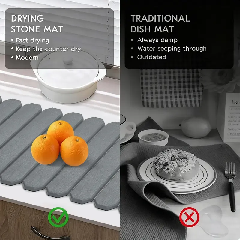 Msercuor Large Stone Dish Drying Mat 24inx16in  Diatomaceous Earth Collapsible Quick Drainage for Kitchen Counter with Sanding Paper & Anti-Slip Pad Coasters Tableware