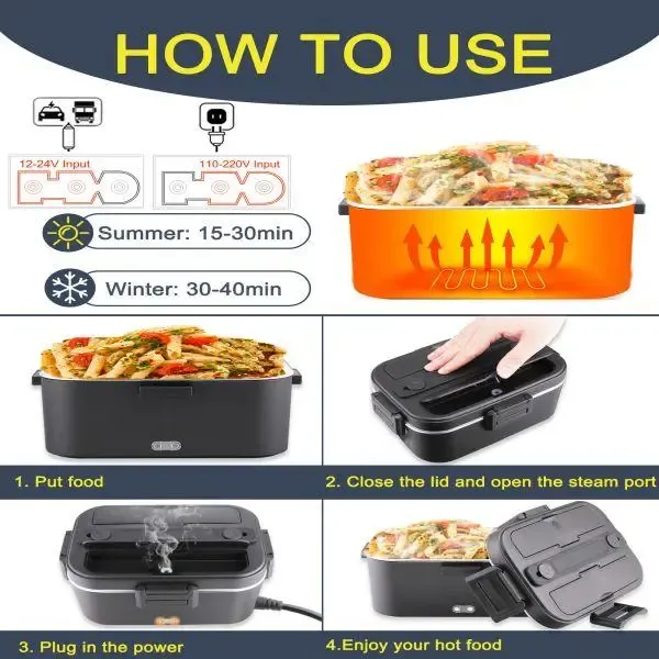 Make your lunchtime convenient and delicious with this Electric Lunch Box Food Heater. Whether you're at work, in the car or on a truck, you can enjoy your favorite hot meal anytime and anywhere. Note: This is a plug-in electric rice cooker (requires connection to a power source during use).