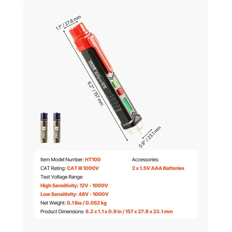 VEVOR Voltage Tester,Summervibes,Summervibes, Non-Contact Voltage Detector with Adjustable Sensitivity,Dual Range AC 12V-1000V   48V-1000V Live & Null Wire Tester Pen with Visual and Audible Alarms,CAT III 1000V Rating