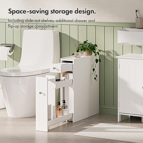VonHaus Slim Bathroom Storage Unit - White Slimline Bathroom Cabinet - Narrow & Compact Bath Organiser with Drawer & Slide Out Shelving - Freestanding Shaker Style Storage - Holbrook