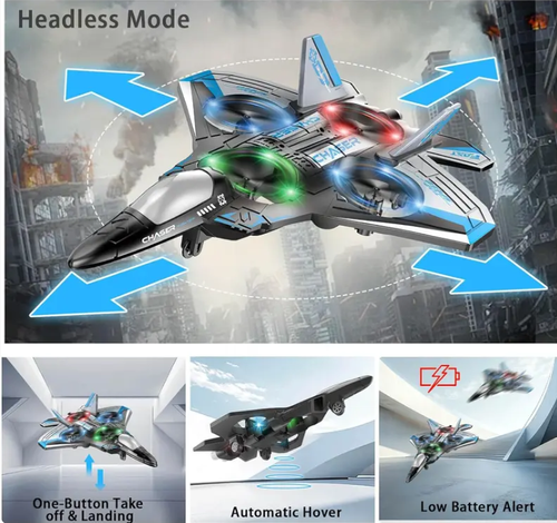 Remote-Controlled Fighter Jet — Crash-Resistant Quadcopter Drone with Colorful LED Lights — RC Aircraft Model Toy for Kids