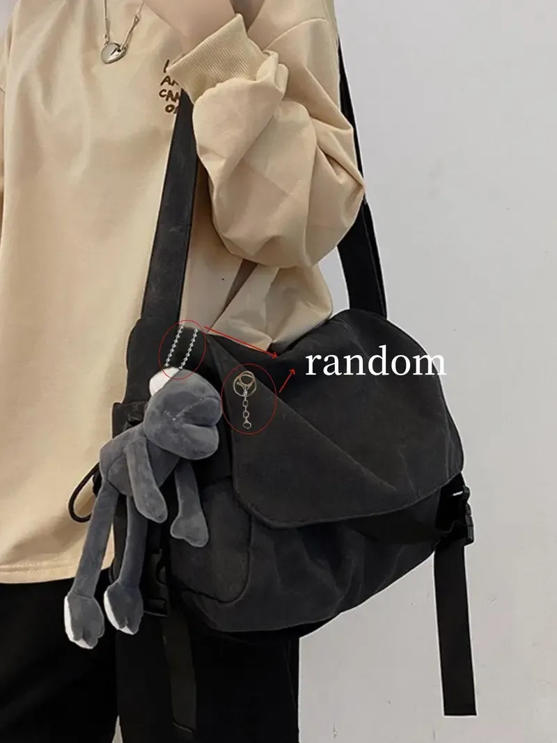 Men's Plain Canvas Crossbody Bag, Solid Color Trendy Versatile Crossbody Bag with Cartoon Charm, Large Capacity Daily Commuting Shoulder Bag for Work & School