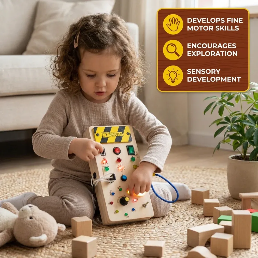 Montessori Sensory Board Made of Wood with Lights & Switches – Motor Skills Toy for Children