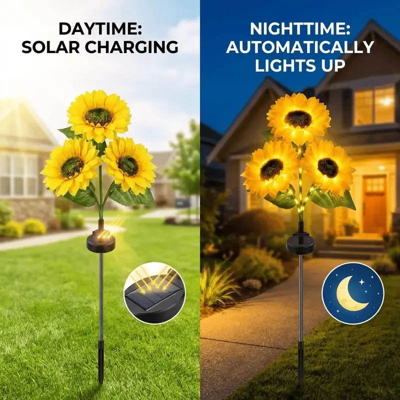 Solar Powered LED Sunflower Garden Lights - Set of 2 Pieces, Realistic Nighttime Glow for Yard, Lawn, Patio, and Porch Decoration, Waterproof IP65, Energy-Efficient Outdoor Lighting, Garden Lighting | Decorative Solar Lights | Durable Plastic Flowers,