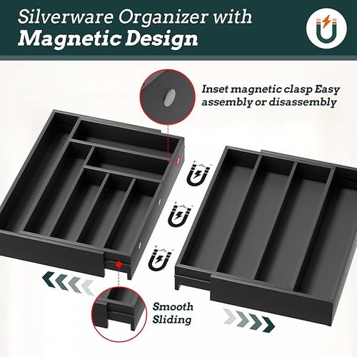 Silverware Organizer Large, Magnetic Connected Expandable 8 Slots Silverware Drawer Organizer from 12 to 20 Inches, Adjustable Flatware and Cutlery Holder, Bamboo Utensil Tray for Kitchen Black
