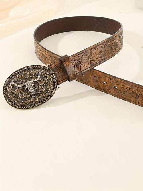 Western Cowboy Style Embossed PU Buckle Belt, Boho Style Animal Decor Belt for Men & Women, Fashion Accessories for Daily Wear, Western Concho Belts, Western Belt Buckles