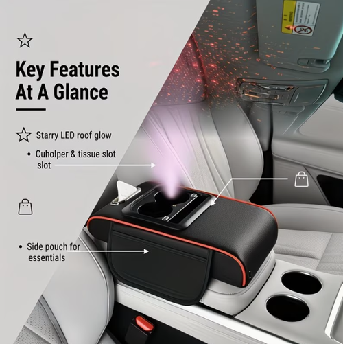 Multifunctional car armrest lift pad with starry sky ceiling design, charging function, six-in-one storage, cup holder, and tissue box.