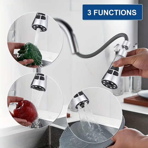 Faucet Sprayer Head, 3-Function Kitchen Sink Nozzle Sprayer Extender with 6 Adapters, Replacement Parts Compatible with Standard Faucets, Pull-Down Sprayer for Kitchen Tap Additions, Stream And Dual Waterfall Modes