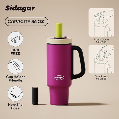 Tumbler with Handle,36 oz Ceramic Lined Travel Mug Water Bottle with Straw,Vacuum Insulated Stainless Steel Cup with Lid,Fits Cup Holder, Leak Resistant Press-in Lid, Purple
