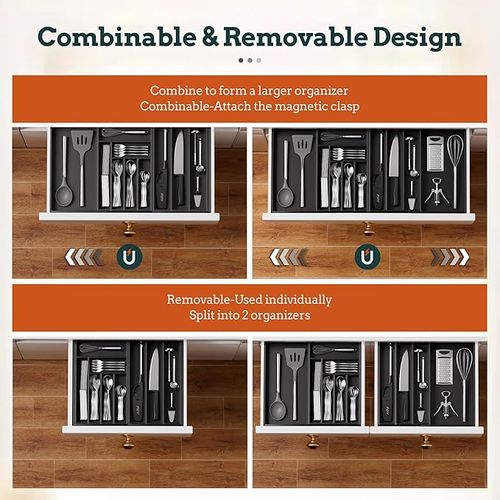 Silverware Organizer Large, Magnetic Connected Expandable 8 Slots Silverware Drawer Organizer from 12 to 20 Inches, Adjustable Flatware and Cutlery Holder, Bamboo Utensil Tray for Kitchen Black