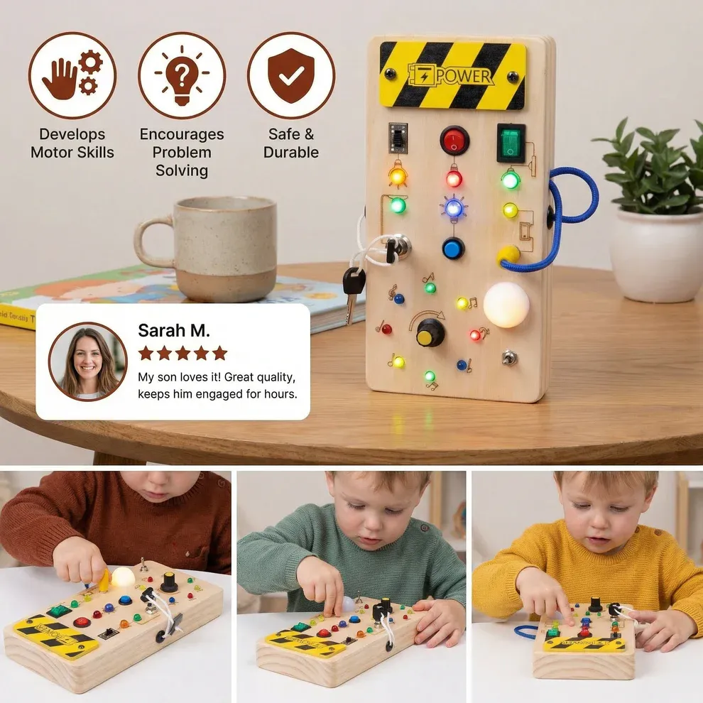 Montessori Sensory Board Made of Wood with Lights & Switches – Motor Skills Toy for Children