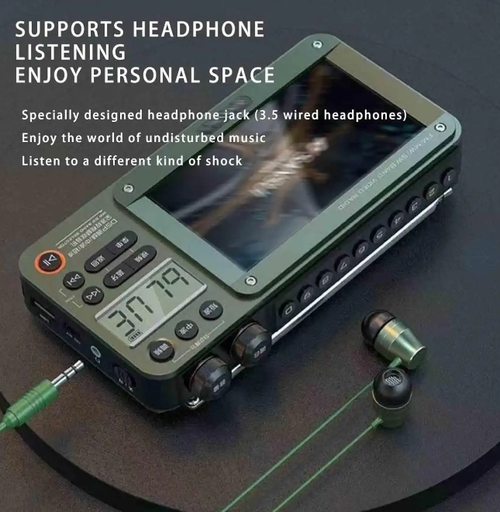 Portable rechargeable video radio, supports AM.FM and SW bands, equipped with Bluetooth, supports USB.Micro SD cards, 5W speaker, and headphone jack.
