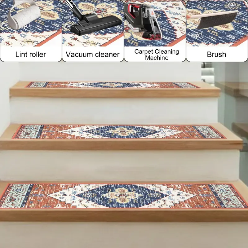 HEBE Non Slip Chenille Stair Runner for Wooden Indoor Reusable Soft Washable Rugs with Anti Slip Adhesive for Pets & Kids Stairway Grip Treads Decorative Mats 2PC