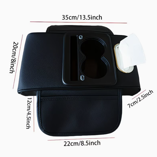 Multifunctional car armrest lift pad with starry sky ceiling design, charging function, six-in-one storage, cup holder, and tissue box.