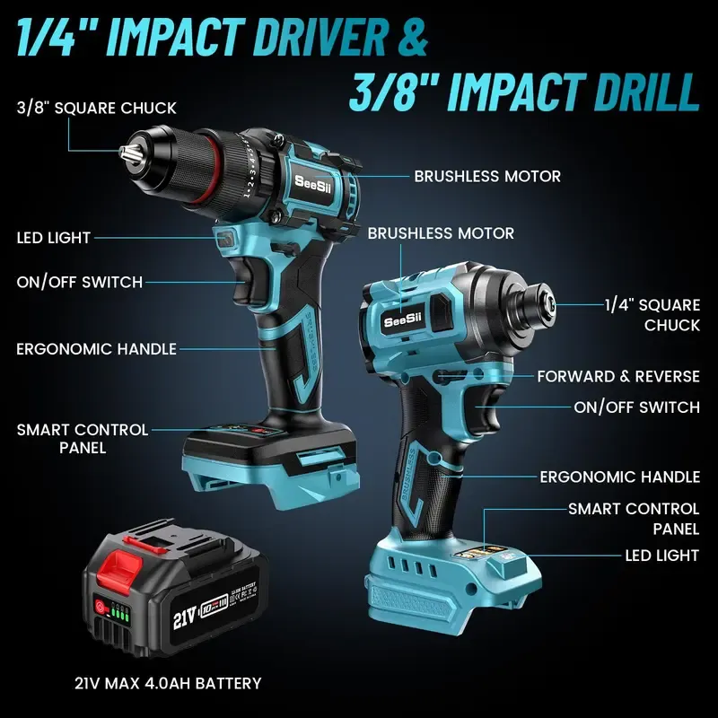 Seesii 3-8'' Brushless Cordless Drill and 1-4'' Impact Driver Combo Kit with 2 Batteries, 21V Max Electric Brushless Power Tool Set with Fast Charger, Black Friday Deals