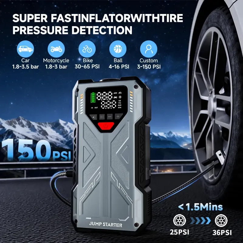8000mAh(5 in 1 Function)Geeneu Portable Car Jump Starter With Air Compressor 6000A (10.0L Gas, 9.0L Diesel) With 150 PSI Tire Inflator, 12V Car Battery Jump Power With LED Light F6 portable jumpstarter batterycharger Outdoorfun Emergency Lighting