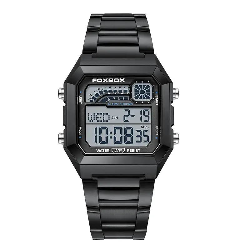 FOXBOX men's digital watch—perfect for students and adult men. Features an alloy case and strap, waterproof design, backlight, and displays time, date, and weekday