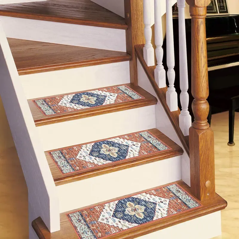 HEBE Non Slip Chenille Stair Runner for Wooden Indoor Reusable Soft Washable Rugs with Anti Slip Adhesive for Pets & Kids Stairway Grip Treads Decorative Mats 2PC