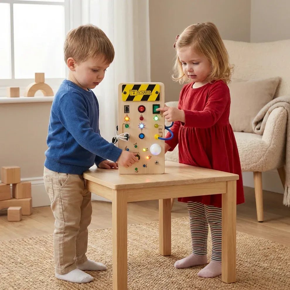 Montessori Sensory Board Made of Wood with Lights & Switches – Motor Skills Toy for Children