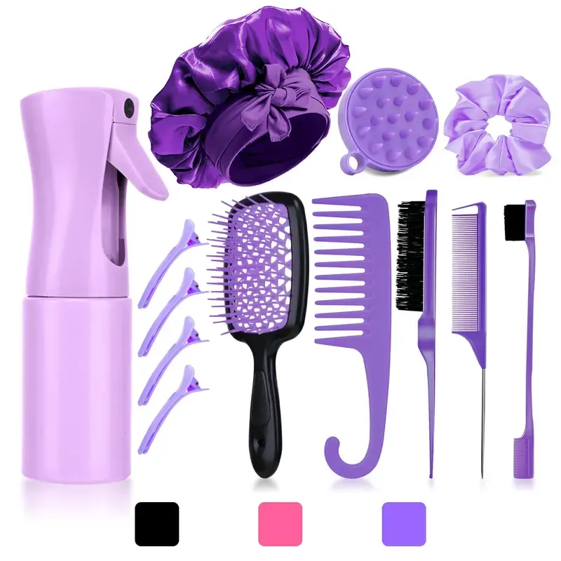 Purple 6-in-1 Hair Brush Set with Detangler & Combs for Straight Curly All Hair Types Wet Dry Adults Children 13 Counts Hair Care Kit