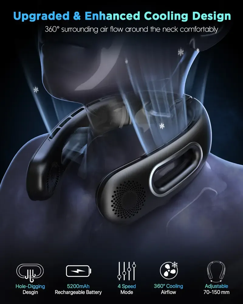 Neck Fan, Hands Free Bladeless Neck Fans Portable Rechargeable, 360° Cooling Neck Fan, 4 Speeds, Quiet, 5200 mAh Battery Operated USB Wearable Personal Fan Gifts for Women, Travel, Outdoor